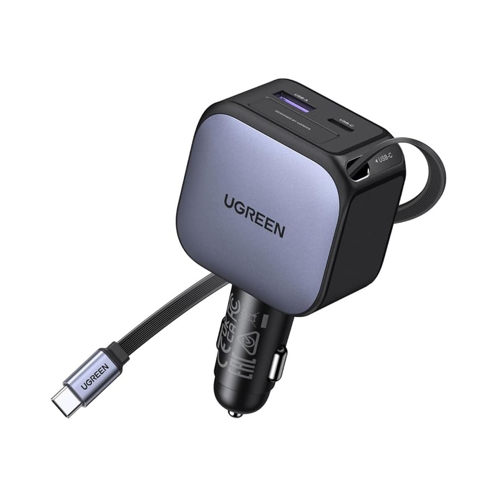 Ugreen 90W Fast Car Charger with Retractable Cable (USB-A + USB-C)