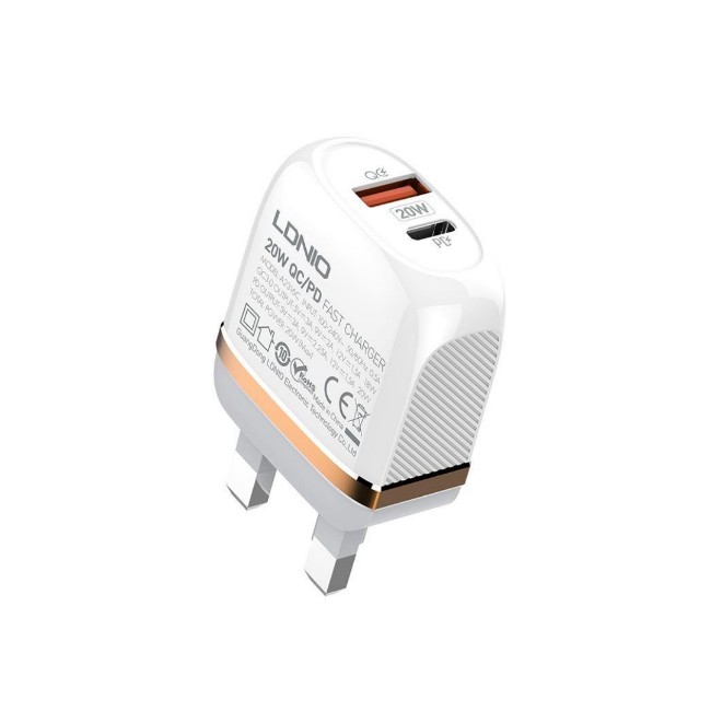 LDNIO A2316C 20W QC3.0 + PD UK Wall Charger with Type-C to Lightning Cable